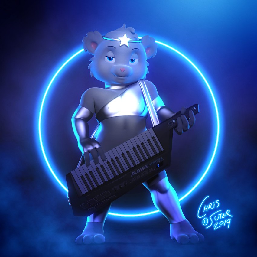 anthro blue_light blue_lighting bottomless clothed clothing convenient_censorship fog keyboard_instrument keytar looking_at_viewer male metallic_clothing monotone_body musical_instrument neon nipple_outline smoke solo spandex tight_clothing chris_sutor cobalt_(chris_sutor) bear delos mammal 1:1 2019 3d_(artwork) digital_media_(artwork) hi_res