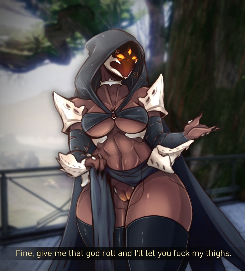 3_eyes 4_fingers angry armor armwear big_breasts black_clothing black_legwear black_nails black_thigh_highs blush blush_lines bottomwear bottomwear_aside breasts brown_body cape choker clothed clothing clothing_aside colored_nails cross-popping_vein dialogue female fingers genitals grey_armwear grey_bottomwear grey_cape grey_clothing grey_hood grey_loincloth grey_topwear innie_pussy inviting_to_sex jewelry legwear loincloth loincloth_aside mask multi_eye nails navel necklace no_underwear orange_eyes profanity pussy sharp_nails small_waist solo text thick_thighs thigh_highs topwear torn_armwear torn_clothing under_boob wide_hips monty_smug destiny_(video_game) alien alien_humanoid hive_(destiny) humanoid english_text hi_res