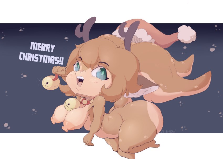 anthro bell big_breasts big_butt big_ears big_eyes breasts brown_body brown_ears brown_hair butt christmas_clothing christmas_headwear clothing female fur green_eyes hair hat headgear headwear holidays horn nipples santa_hat short_stack smile solo text thick_thighs amailemon christmas league_of_legends riot_games tencent poppy_(lol) snow_fawn_poppy_(lol) deer hybrid mammal new_world_deer reindeer yordle hi_res