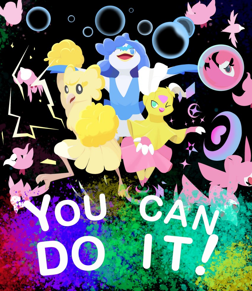 anthro beak bubble group inspirational lightning_bolt male pom_poms positive_message sparkles trio jaylus_t_meowstic nintendo pokemon avian flittle generation_6_pokemon generation_7_pokemon generation_9_pokemon oricorio pokemon_(species) pom-pom_oricorio quaxwell spritzee absurd_res alpha_channel hi_res