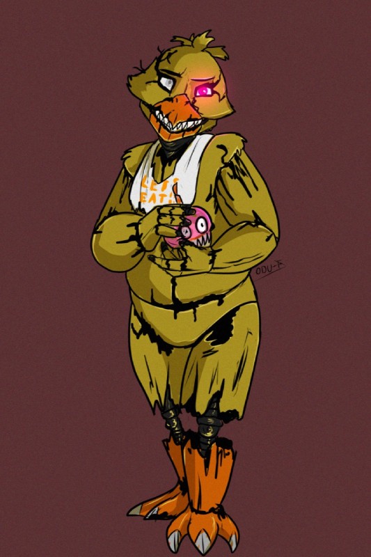bib claws exposed_endoskeleton glowing glowing_eyes machine pink_eyes sharp_teeth solo teeth odu five_nights_at_freddy's five_nights_at_freddy's_4 scottgames nightmare_chica_(fnaf) nightmare_cupcake_(fnaf) animatronic avian bird chicken galliform gallus_(genus) phasianid robot hi_res