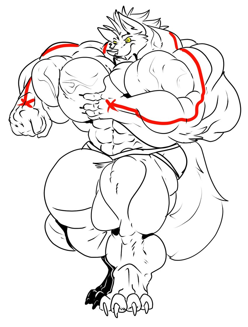 4_toes 5_fingers anthro balls big_balls big_bulge big_muscles big_penis bulge clothed clothing digitigrade feet fingers flexing genitals huge_balls huge_bulge huge_muscles huge_penis hyper hyper_balls hyper_bulge hyper_genitalia hyper_muscles hyper_penis male markings muscular muscular_anthro muscular_male penis red_markings smile solo standing toes underwear underwear_only vein veiny_muscles yellow_eyes fierglief swaggy canid canine canis mammal wolf 2017 hi_res line_art monochrome