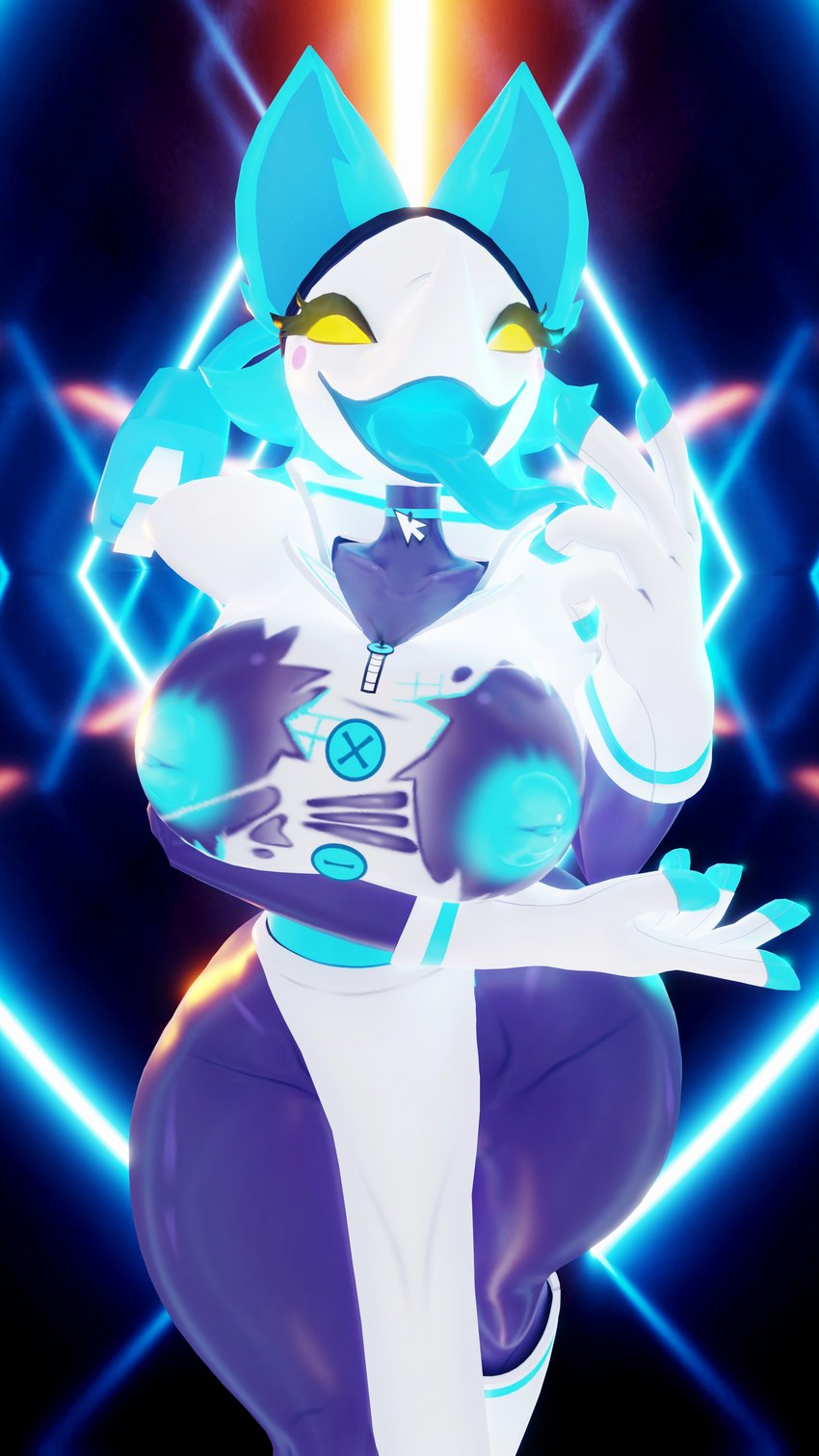 abstract_background anthro arm_under_breasts big_breasts biped blue_body blue_fur blue_nipples bottomwear breasts cable_tail clothed clothing exposed_breasts female fur gloves glowing handwear high_collar holding_breast inverted_nipples jacket loincloth looking_at_viewer machine nipples no_pupils one_eye_closed open_mouth skirt smile smiling_at_viewer solo tail thick_thighs tongue tongue_out topwear torn_clothing torn_topwear yellow_eyes fever-dreamer cryptiacurves_(modeler) blender_cycles deltarune undertale undertale_(series) tasque_manager darkner domestic_cat felid feline felis mammal robot 2024 3d_(artwork) 4k 9:16 absurd_res blender_(artwork) digital_media_(artwork) hi_res