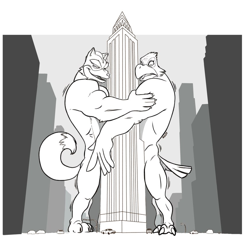 anthro building car city duo hiding_penis hug macro male nude tail vehicle geltydrake nintendo star_fox falco_lombardi fox_mccloud avian bird canid canine fox mammal hi_res line_art restricted_palette