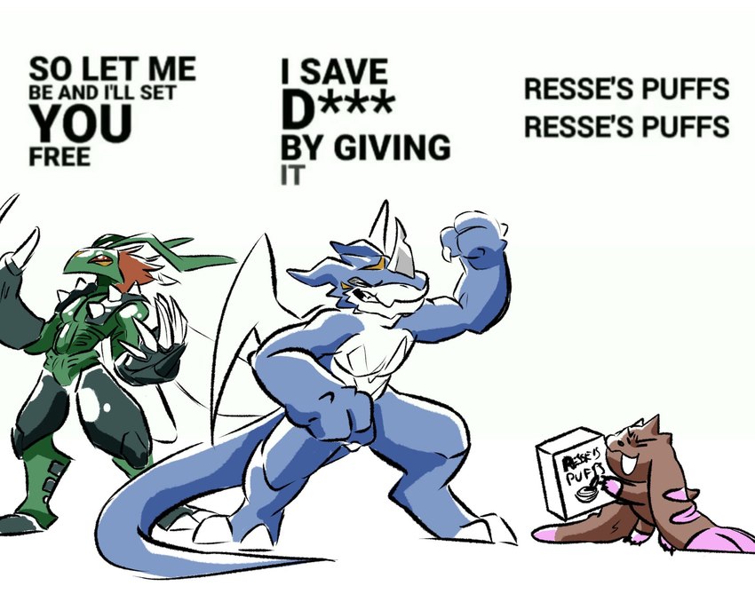 anthro blue_body brown_body brown_fur countershading dialogue fur green_body group humor long_ears male muscular muscular_anthro muscular_male pecs tail text wings protosaru bandai_namco digimon misery_x_cpr_x_reese's_puffs mythology arthropod digimon_(species) dragon exveemon insect lagomorph leporid lopmon mammal mythological_creature mythological_scalie rabbit scalie stingmon english_text hi_res meme