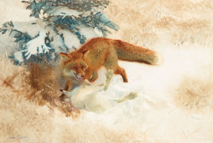 ambiguous_gender death duo feral fluffy fluffy_tail fur orange_body orange_fur outside plant predator/prey quadruped snow spruce tail tree white_body white_fur bruno_liljefors public_domain canid canine fox hare lagomorph leporid mammal red_fox true_fox 1915 20th_century absurd_res ancient_art hi_res oil_painting_(artwork) painting_(artwork) signature traditional_media_(artwork)