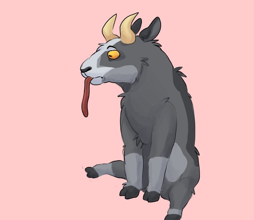 ambiguous_gender feral fur grey_body grey_fur hooves horizontal_pupils horn pink_background pupils simple_background sitting solo tongue tongue_out yellow_eyes roablocs coffee_stain_studios goat_simulator pilgor_(goat_simulator) bovid caprine goat mammal 2024 hi_res