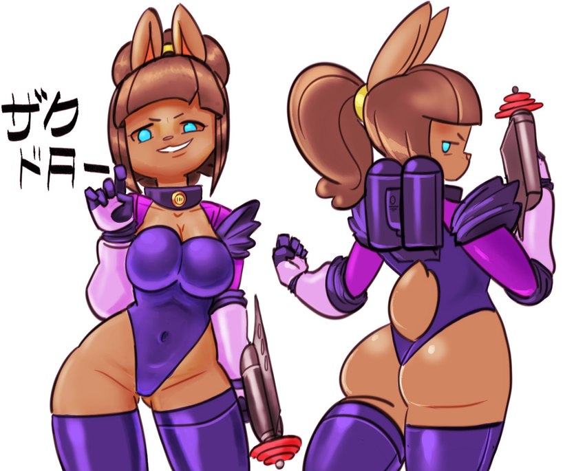 anthro armor big_breasts blue_eyes bodysuit breasts brown_body brown_fur brown_hair butt clothing female fur futuristic gloves gun hair handwear holding_object holding_weapon jet_pack latex legwear looking_back ponytail purple_bodysuit purple_clothing purple_skinsuit ranged_weapon simple_background skinsuit smile solo spandex tail text thigh_highs tight_clothing weapon white_background zaku_draw character_request hi_res translated