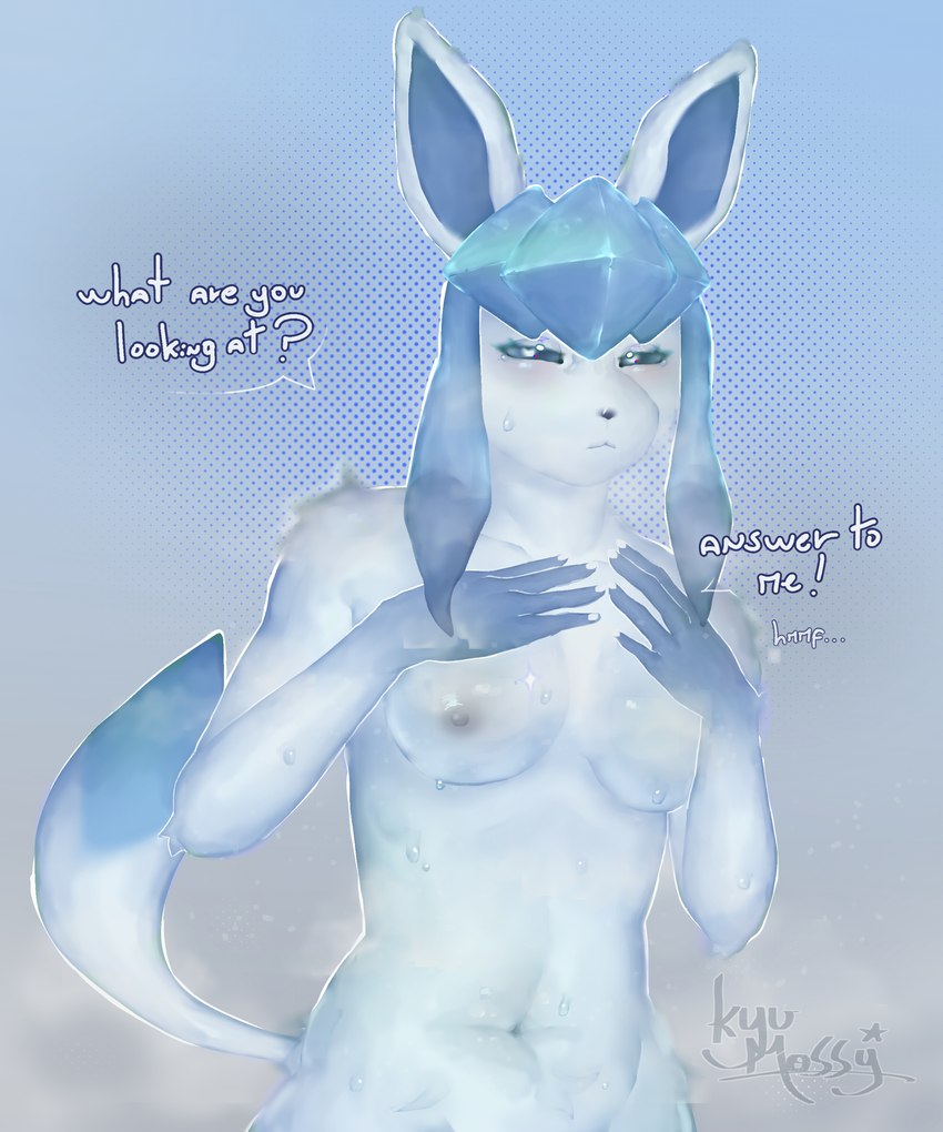 anthro areola bodily_fluids breasts female nipples small_breasts solo sweat sweatdrop white_areola white_nipples kyumossy nintendo pokemon eeveelution generation_4_pokemon glaceon pokemon_(species) 5:6 absurd_res hi_res