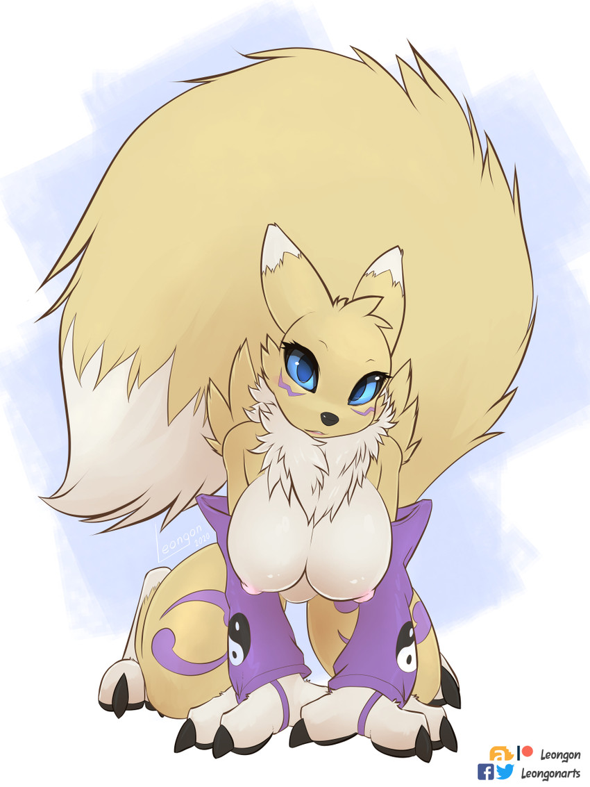 all_fours anthro arm_warmers armwear big_breasts big_tail breasts clothing excessive_fluff female fluffy fluffy_tail fur huge_tail looking_at_viewer solo tail yellow_body yellow_fur yin_yang leongon bandai_namco digimon canid digimon_(species) mammal renamon 2020 3:4 digital_media_(artwork) hi_res