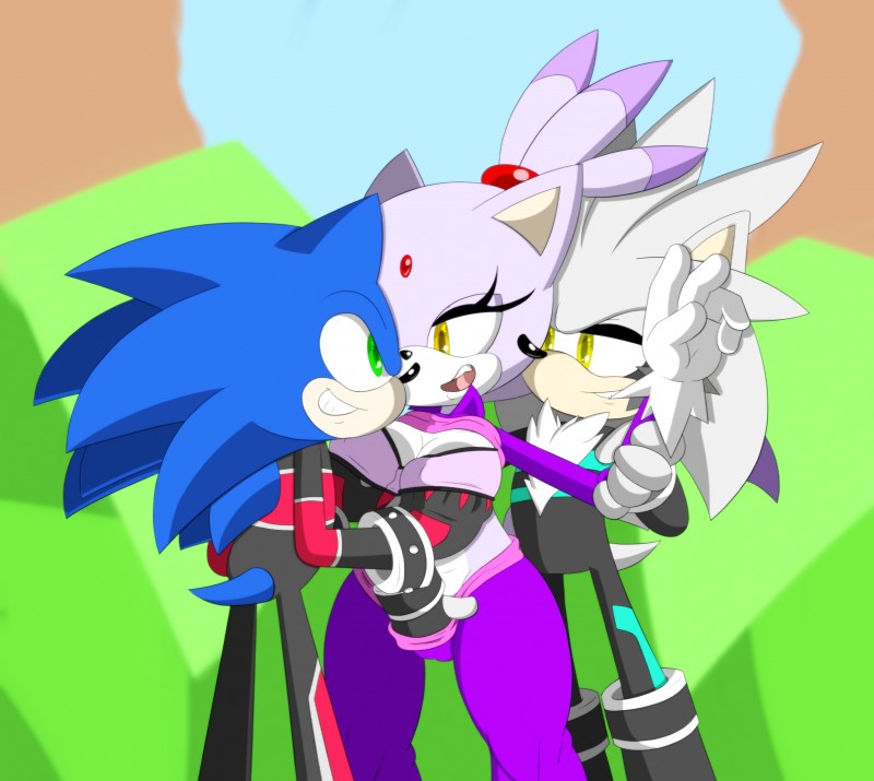 anthro big_breasts breasts clothing female grope group jumpsuit male smile sandunky sega sonic_the_hedgehog_(series) blaze_the_cat silver_the_hedgehog sonic_the_hedgehog domestic_cat eulipotyphlan felid feline felis hedgehog mammal 2016 hi_res