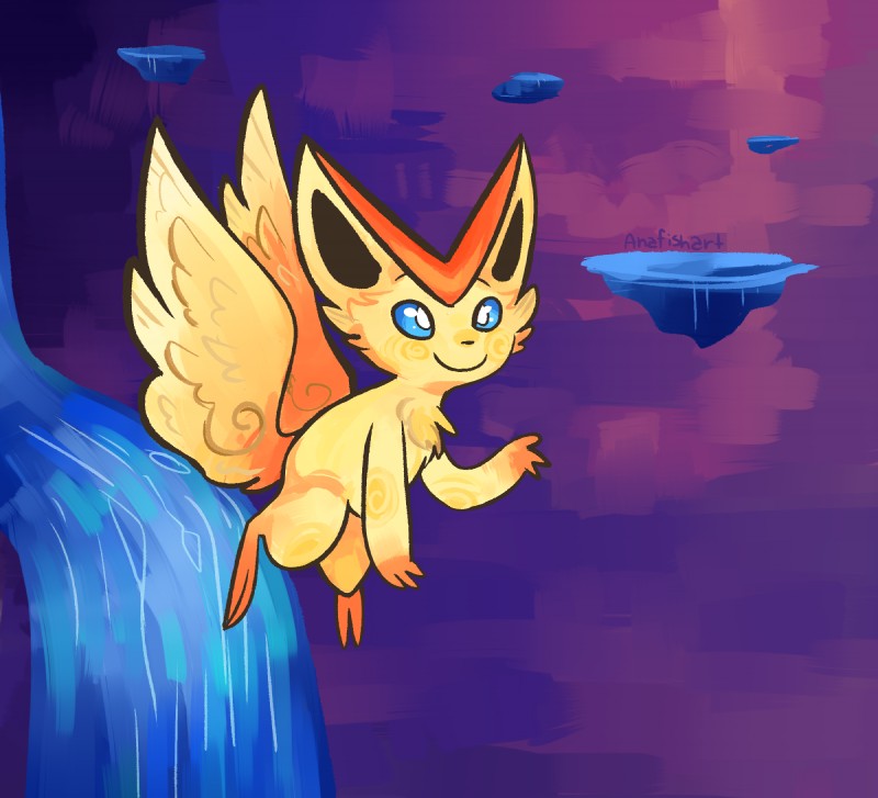 2_toes 3_fingers ambiguous_gender blue_eyes butt_wings feet fingers flying fur smile solo tan_body tan_fur toes unusual_wing_placement waterfall wings anamatronicfish nintendo pokemon generation_5_pokemon legendary_pokemon pokemon_(species) victini 2016 digital_drawing_(artwork) digital_media_(artwork) hi_res