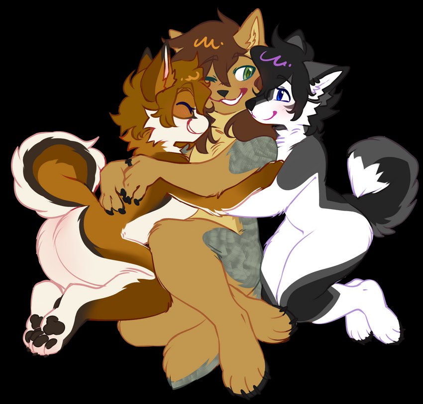 anthro black_body black_fur blue_eyes brown_body brown_fur female fur green_eyes grey_body grey_fur group hug male trio white_body white_fur alloplush meani sleek swift_(sleekhusky) canid canine canis corsac_fox domestic_dog fox husky mammal nordic_sled_dog spitz true_fox wolf alpha_channel hi_res