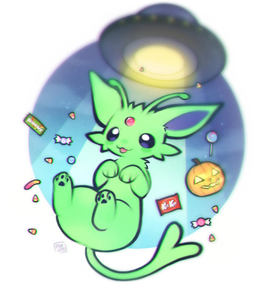 ambiguous_gender antennae_(anatomy) candy candy_corn cloud dessert feral food forehead_gem fur gem green_body green_fur gummy_(food) gummy_worm holidays jack-o'-lantern lollipop pawpads paws purple_eyes solo tail tongue tongue_out ufo foxlett halloween kitkat mars_incorporated nintendo pokemon skittles_(candy) alien eeveelution espeon generation_2_pokemon gnarpian pokemon_(species) shiny_pokemon 2025 hi_res signature