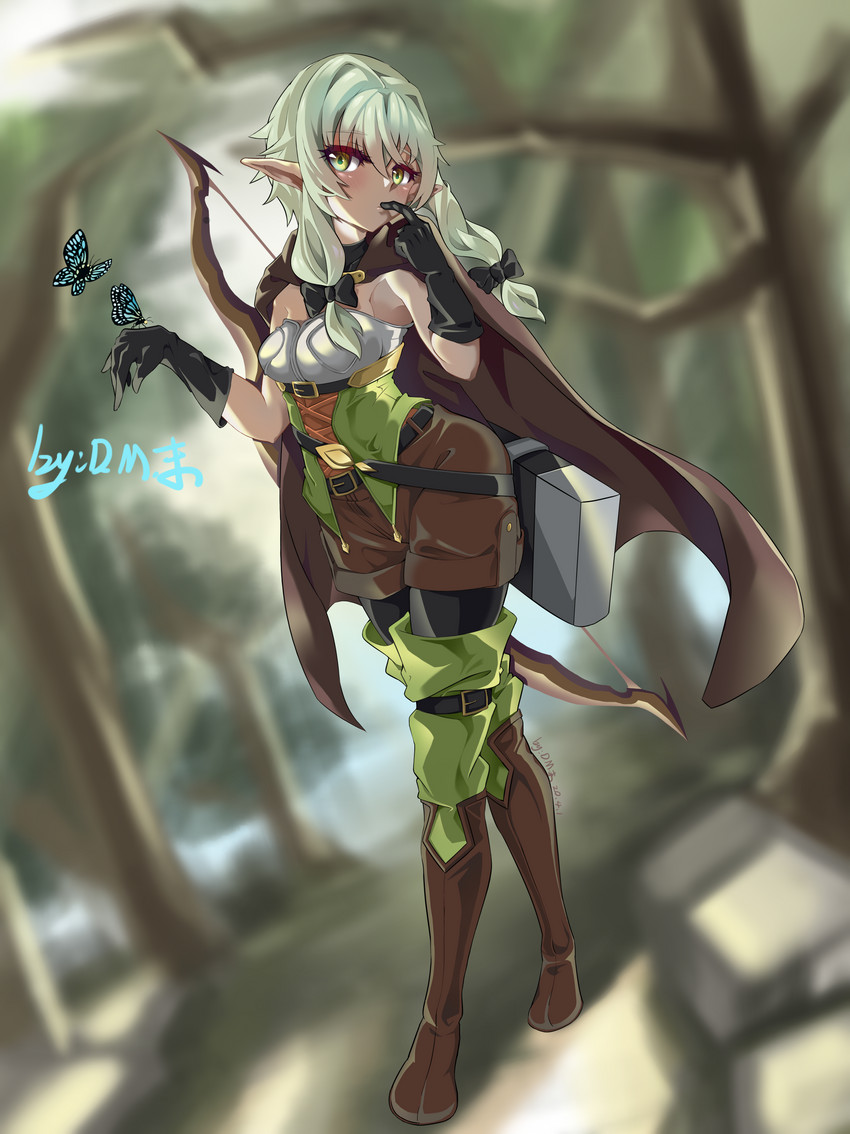 accessory boots bottomwear bow_(feature) bow_accessory bow_ribbon breasts clothing female footwear green_eyes green_hair hair hair_accessory hair_bow hair_ribbon humanoid_pointy_ears leggings legwear long_legs not_furry platinum_blonde pointy_ears ranged_weapon ribbons shoes shorts small_breasts solo thigh_boots thigh_highs weapon wide_hips dm_mo goblin_slayer high_elf_archer_(goblin_slayer) elf humanoid absurd_res hi_res