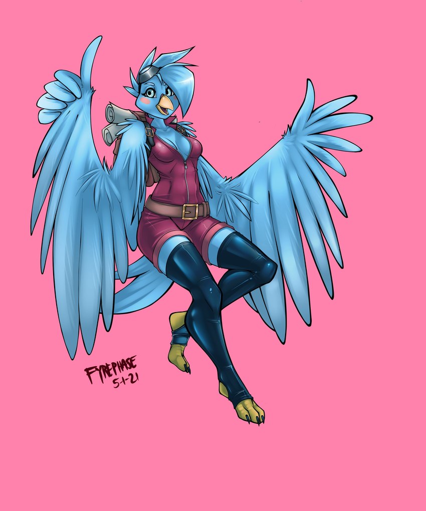 anthro backpack beak belt blue_body blue_eyes blue_feathers blue_hair blush breasts clothing eyewear eyewear_on_head feathered_wings feathers female gesture goggles goggles_on_head hair hand_gesture latex looking_at_viewer pink_background red_clothing simple_background smile solo thumbs_up wings fyrephase andorinha_(gallygallo) avian bird 2021 5:6 absurd_res digital_media_(artwork) hi_res