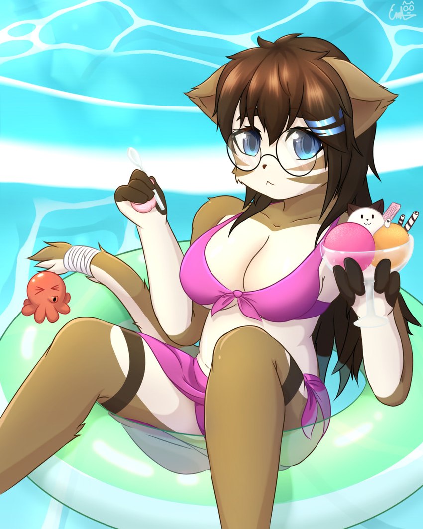 5_fingers anthro belly big_breasts bikini blue_eyes blush breasts brown_body brown_fur brown_hair cleavage clothed clothing container dessert eyewear female female_anthro fingers food fur glass glass_container glasses hair ice_cream inflatable inner_tube long_hair looking_at_viewer multicolored_body multicolored_fur pawpads pink_bikini pink_clothing pink_pawpads pink_swimwear solo swimwear two-piece_swimsuit two_tone_body two_tone_fur under_boob water white_body white_fur echa_neko echa_(echa_neko) domestic_cat felid feline felis mammal 2021 4:5 hi_res