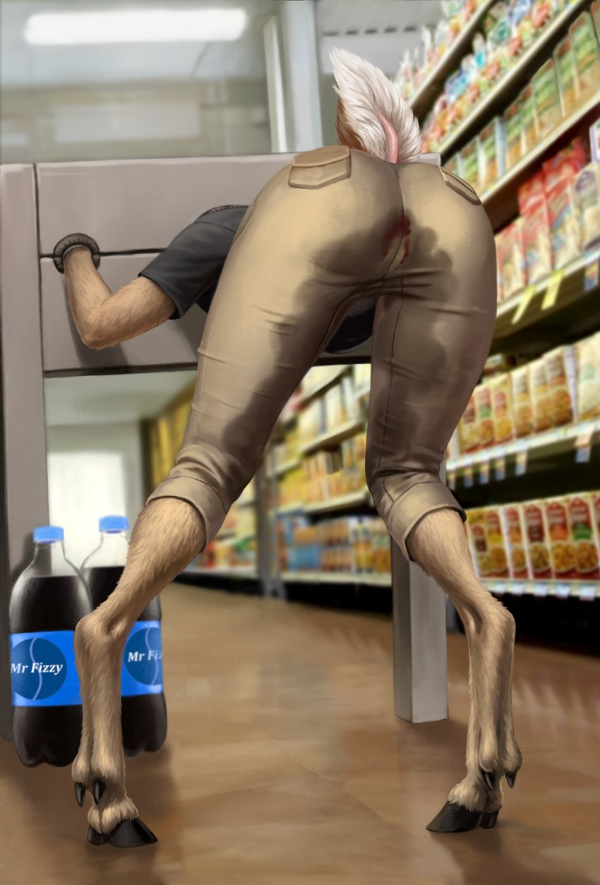 anthro bent_over beverage blood blood_on_clothing bodily_fluids butt butt_shot captured close-up clothed clothing dirty_clothes female forced genital_fluids grocery_store hooves humiliation immobile menstruation messy_clothing pants_wetting peeing_on_self presenting presenting_hindquarters public public_humiliation punishment raised_tail soaked soda soda_bottle solo spread_legs spreading tail trapped urine urine_on_self wet wet_clothing wetting himeragoldtail deer mammal new_world_deer white-tailed_deer absurd_res hi_res