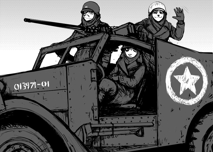 anthro clothing coat dithering gesture group m2_browning m2hb m3_scout_car military military_helmet sitting topwear trio vehicle waving world_war_2 hladilnik daniel_(hladilnik) peggy_patterson samantha_thott canid canine canis domestic_dog mammal wolf 2022 greyscale hi_res monochrome