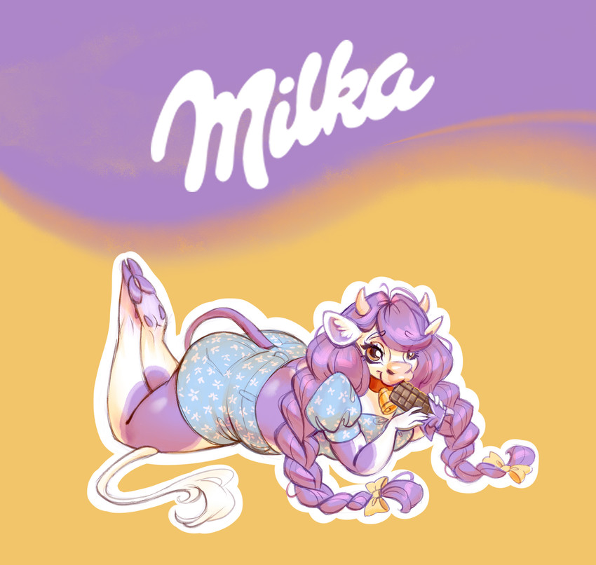 anthro big_butt bottomwear braided_hair breasts butt candy chocolate clothed clothing collar cowbell dessert female food hair hooves horn looking_at_viewer lying on_front shorts slightly_chubby slightly_chubby_female solo tail tail_tuft text thick_thighs tuft holivi milka lila_(milka) bovid bovine mammal absurd_res hi_res