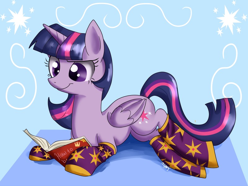 book clothing cutie_mark feathered_wings feathers female feral footwear fur hair horn legwear lying multicolored_hair purple_body purple_eyes purple_feathers purple_fur purple_hair reading socks solo two_tone_hair wings pon3splash friendship_is_magic hasbro my_little_pony mythology twilight_sparkle_(mlp) equid equine mammal mythological_creature mythological_equine winged_unicorn 2013 4:3 hi_res