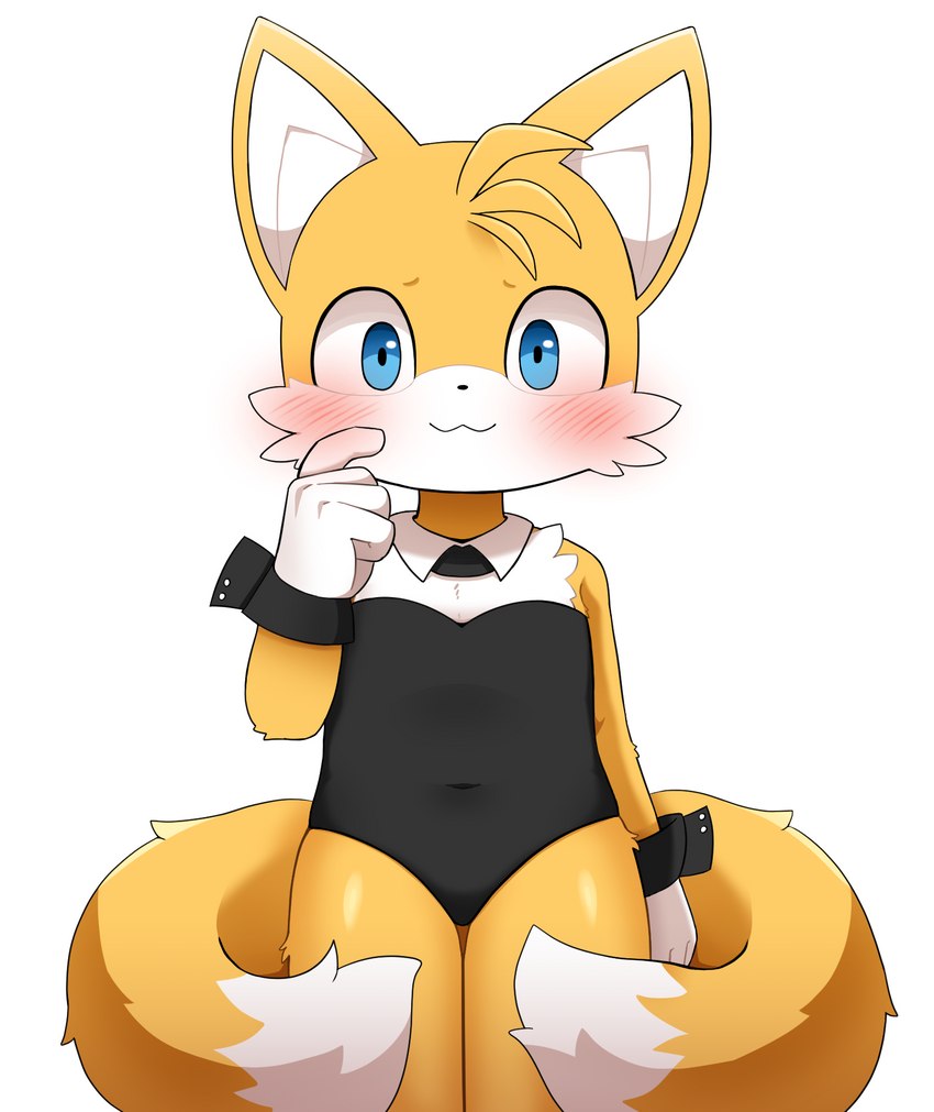 anthro blue_eyes blush clothed clothing femboy leotard looking_at_viewer male simple_background smile solo white_background white_body yellow_body young sum sega sonic_the_hedgehog_(series) miles_prower canid canine fox mammal hi_res