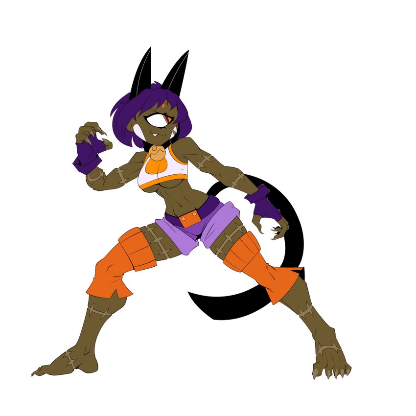 1_eye 5_fingers 5_toes action_pose athletic athletic_female barefoot bell bell_collar bottomwear breasts claws clothing collar cosplay crop_top cute_fangs dark_body dark_skin fangs feet female finger_claws fingerless_gloves fingers gloves hair handwear leg_warmers legwear markings medium_breasts midriff navel orange_eyes pose purple_hair scar shirt short_hair shorts simple_background smile smirk solo standing teeth toe_claws toes tomboy topwear torn_clothing under_boob white_background hardtones skullgirls nadia_fortune petra_(hardtones) animal_humanoid cat_humanoid cyclops felid felid_humanoid feline feline_humanoid humanoid mammal mammal_humanoid 1:1 2022 hi_res