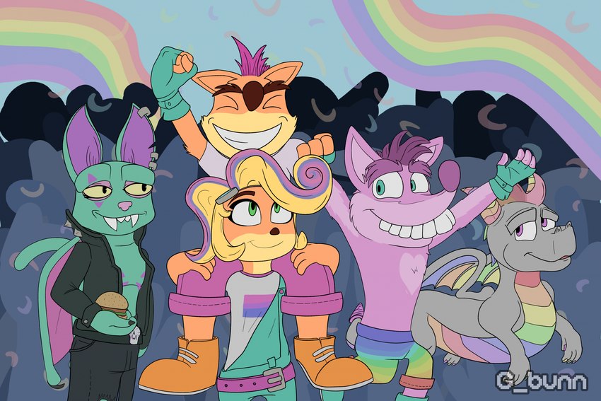 ambiguous_gender anthro female feral lgbt_pride male parade pride_colors pride_parade rainbow_flag rainbow_pride_flag rainbow_symbol g_bunn activision crash_bandicoot_(series) crash_team_racing_(series) crash_team_rumble lgbt_pride_month mythology spyro_the_dragon catbat coco_bandicoot crash_bandicoot spyro trash_bandicoot bandicoot dragon hybrid mammal marsupial mythological_creature mythological_scalie scalie hi_res