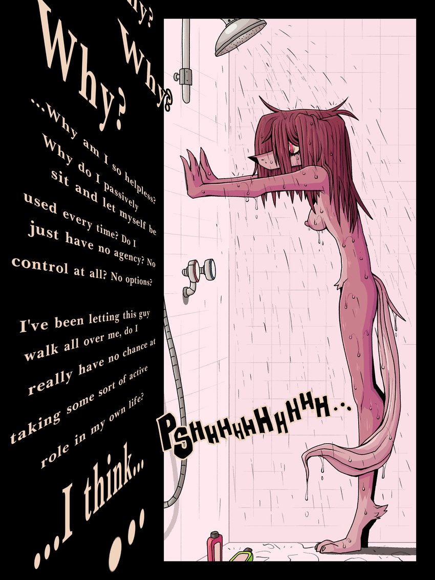 anthro asking_self asking_why breasts despair dialogue ellipsis female fur hair homeless nipples nude pink_body pink_fur pink_hair question question_mark red_eyes shower simple_background solo spiraling tail wet wet_body wet_hair ponporio homeless_dog canid canine mammal absurd_res comic hi_res