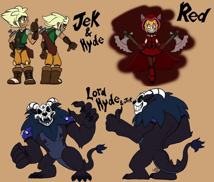 2_horns 4_claws 4_fingers 4_toes 5_fingers anterior_nasal_aperture anthro axe biped black_body black_fur black_sclera black_tail black_text blonde_hair blue_mane blue_tuft bone bottomwear brown_clothing brown_footwear brown_gloves brown_handwear brown_shirt brown_shoes brown_tank_top brown_topwear claws cloak clothed clothing countershade_fur countershade_tail countershade_torso countershading curved_horn dress dual_wielding english_honorific fangs feet female finger_claws fingers footwear forehead_gem fur gem gesture gloves green_clothing green_eyes green_jacket green_topwear grey_horn grin group hair hand_gesture handwear holding_object holding_weapon honorific horn insane jacket knee_pads male male_anthro mane melee_weapon orange_bottomwear orange_clothing orange_pants pants purple_gem red_cloak red_clothing red_dress scabbard seam_(sewing) sharp_teeth shirt shoes shoulder_pads simple_background skull skull_head smile spiked_shoulder_pads spikes split_personality sword tail tail_tuft tan_background tank_top teeth text thumbs_down thumbs_up toe_claws toes topwear trio tuft walking weapon white_horn invdrscar mythology hyde_(invdrscar) jek_(invdrscar) red_(invdrscar) canid canine human humanoid mammal mythological_canine mythological_creature werecanid werecanine werecreature werewolf 2017 artist_name character_name colored digital_drawing_(artwork) digital_media_(artwork) hi_res model_sheet multiple_images signature