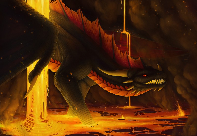 black_body black_scales detailed_background horn lava membrane_(anatomy) membranous_wings red_eyes scales smooth_horn solo spines standing wings keltaan european_mythology mythology darylith dragon mythological_creature mythological_scalie scalie western_dragon 2018 digital_media_(artwork) hi_res