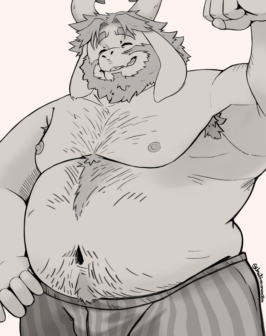 anthro beard body_hair boxer_briefs boxer_briefs_only boxers_(clothing) chest_hair clothed clothing eyes_closed facial_hair flexing flexing_bicep horn long_ears male nipples overweight overweight_male slightly_chubby slightly_chubby_anthro slightly_chubby_male smile smiling_at_viewer solo topless underwear underwear_only unatazaamarilla deltarune undertale_(series) asgore_dreemurr bovid caprine goat mammal absurd_res hi_res