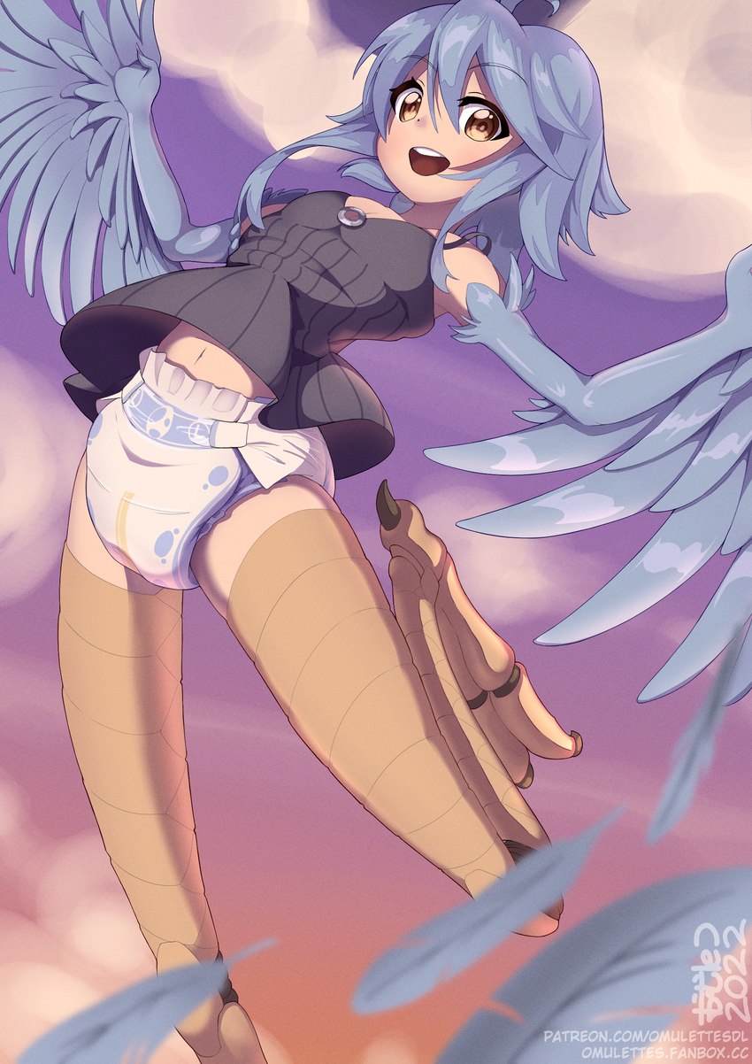 action_pose blue_body blue_feathers blue_hair clean_diaper clothed clothing diaper feathers female hair looking_at_viewer midair monster_girl_(genre) open_mouth pose smile solo wearing_diaper wetness_indicator white_diaper omulette_(artist) european_mythology greek_mythology monster_musume mythology papi_(monster_musume) avian harpy humanoid mammal mythological_avian mythological_creature absurd_res hi_res