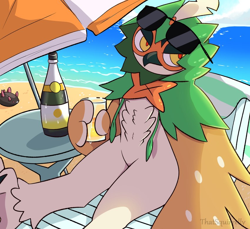 ambiguous_gender anthro beach beak beverage biped black_body brown_body detailed_background duo eyewear eyewear_on_head green_body multicolored_body orange_body pink_body red_eyes sea sunglasses sunglasses_on_head water white_body thatsquirrelly nintendo pokemon decidueye generation_7_pokemon pokemon_(species) hi_res