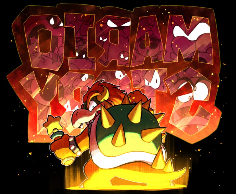 armlet barefoot bracelet claws feet hair holding_object horn jewelry looking_at_viewer looking_back male mask open_mouth orange_body orange_hair orange_skin rear_view shell solo spiked_shell spikes spikes_(anatomy) toony rariatoo mario_bros nintendo paper_mario bowser lava_piranha tubba_blubba goomba koopa scalie