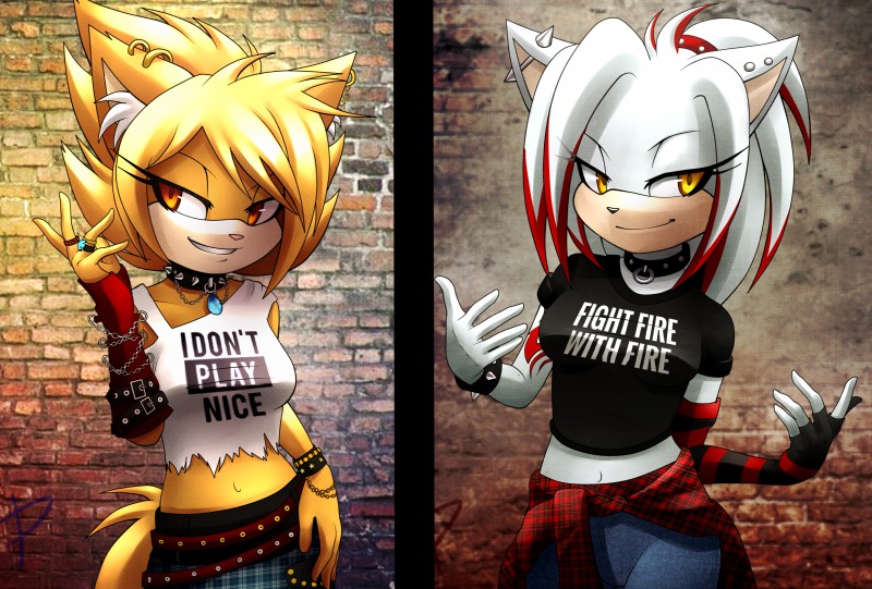 alternative_fashion anthro belt black_nose chain duo ear_piercing ear_tuft female fur hair long_hair midriff navel piercing pink_nose punk smile smirk teeth text tuft white_body white_fur yellow_body yellow_eyes yellow_fur panrill sega sonic_the_hedgehog_(series) fan_character gin namrii_(character) eulipotyphlan hedgehog mammal absurd_res english_text hi_res