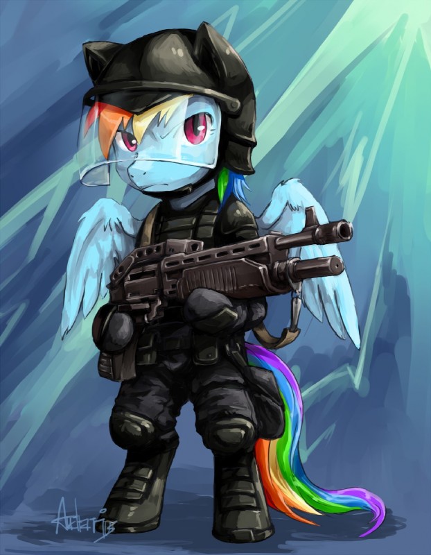 abstract_background armor blue_body blue_feathers blue_fur body_armor feathered_wings feathers female fur gun hair headgear helmet looking_at_viewer multicolored_hair multicolored_tail purple_eyes rainbow_hair rainbow_tail ranged_weapon shotgun simple_background solo spas-12 standing tail weapon wings audrarius friendship_is_magic hasbro my_little_pony mythology rainbow_dash_(mlp) equid equine mammal mythological_creature mythological_equine pegasus 2013 digital_media_(artwork) hi_res