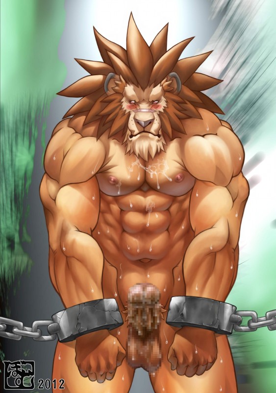 abs abstract_background anthro balls beard biceps big_muscles biped blush bodily_fluids bound brown_hair chain cuff_(restraint) cum cum_on_balls cum_on_belly cum_on_body cum_on_chest cum_on_penis erection facial_hair fist front_view fur genital_fluids genitals grey_nose hair humanoid_genitalia humanoid_penis looking_away male mane muscular muscular_anthro muscular_male muscular_sub navel nipples nude orange_body orange_skin pecs penis prisoner pubes red_eyes restraints shackles simple_background solo standing submissive submissive_male sweat bomb_(artist) red_earth leo_(red_earth) felid lion mammal pantherine 2012 absurd_res censored digital_media_(artwork) hi_res mosaic_censorship