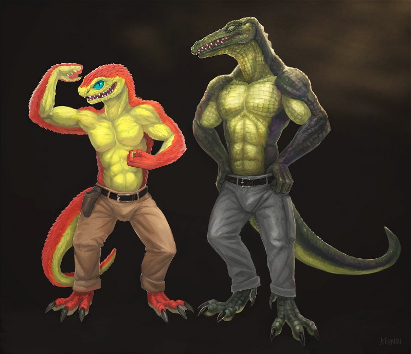 abs anthro belt biceps blue_eyes bottomwear claws clothed clothing countershading duo fangs flexing front_view green_eyes hand_on_hip looking_at_viewer male muscular muscular_male pants pecs scales smile standing teeth toe_claws topless unimpressed klongi brev heljek crocodile crocodilian lizard reptile scalie snake 2016 absurd_res full-length_portrait hi_res portrait