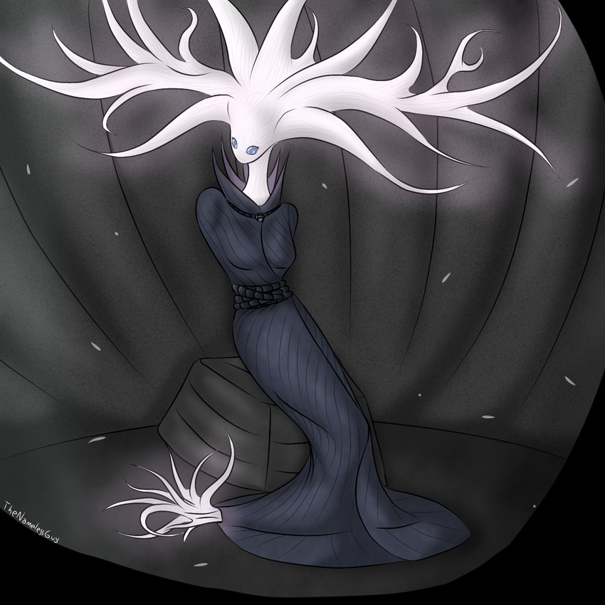 anthro black_eyes blue_eyes bound branch breasts clothed clothing divine divinity dress female glowing glowing_body looking_aside plant queen roots royalty simple_background sitting solo tree white_body the_nameless_guy hollow_knight team_cherry white_lady_(hollow_knight) elemental_creature flora_fauna treant 1:1 artist_name digital_media_(artwork) hi_res