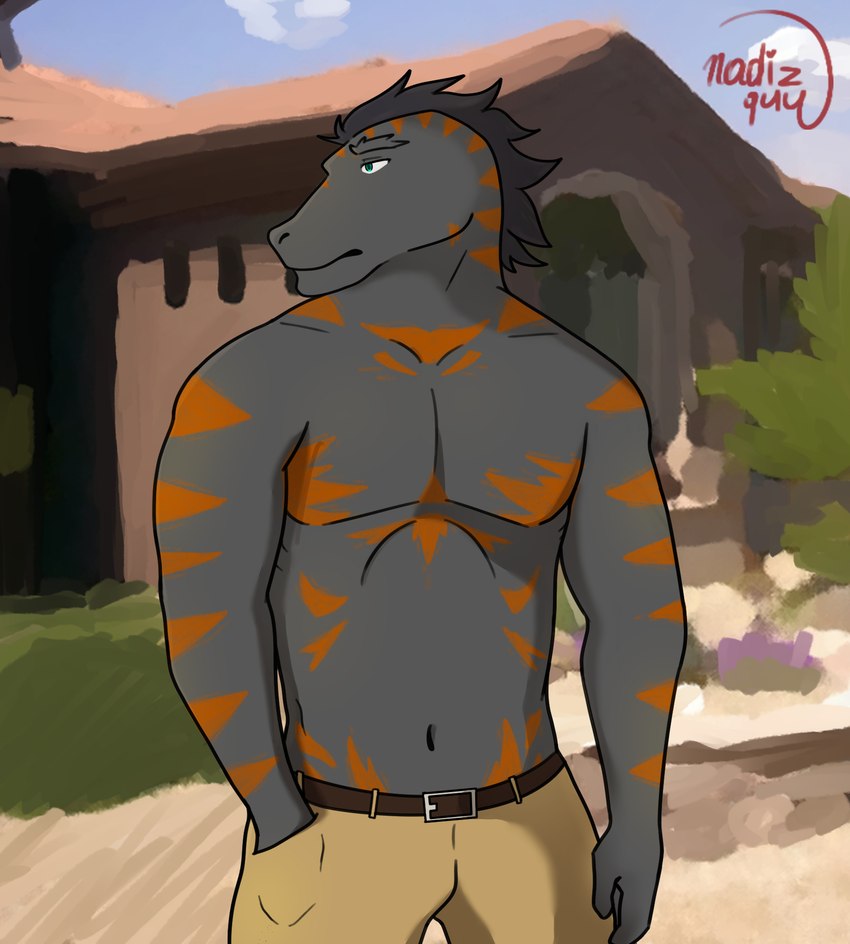 desert food khaki_pants male markings muscular shirtless shirtless_male solo nadizguy echo_(game) echo_(series) echo_project flynn_moore scalie hi_res