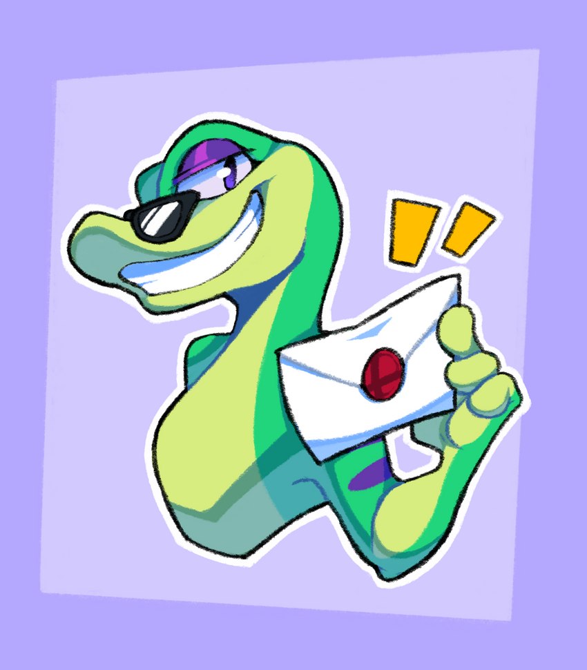 anthro black_eyewear black_sunglasses blue_eyes envelope eyewear green_body green_skin grin holding_envelope holding_object male purple_eyelids smile solo sunglasses teeth three-quarter_view cynicallysly gex_(series) nintendo super_smash_bros. gex_the_gecko gecko lizard reptile scalie 2021 digital_media_(artwork) half-length_portrait hi_res portrait