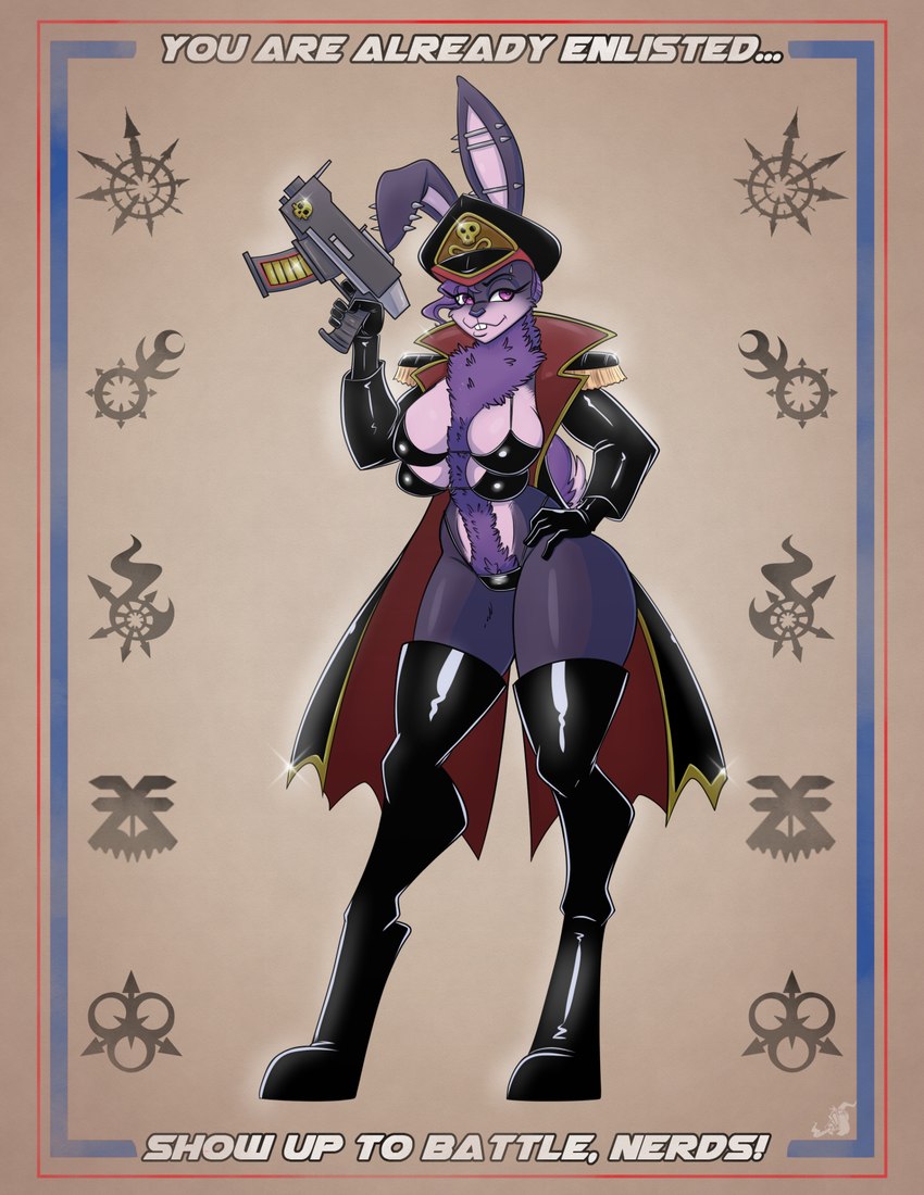 anthro astra_militarum bolt_pistol breasts clothed clothing commissar female fur gun imperial_guard multi_breast pattern_background poster purple_body purple_fur ranged_weapon simple_background solo weapon stogiegoatarts warhammer_(franchise) warhammer_40000 chaos_cultist lagomorph leporid mammal rabbit digital_drawing_(artwork) digital_media_(artwork) hi_res