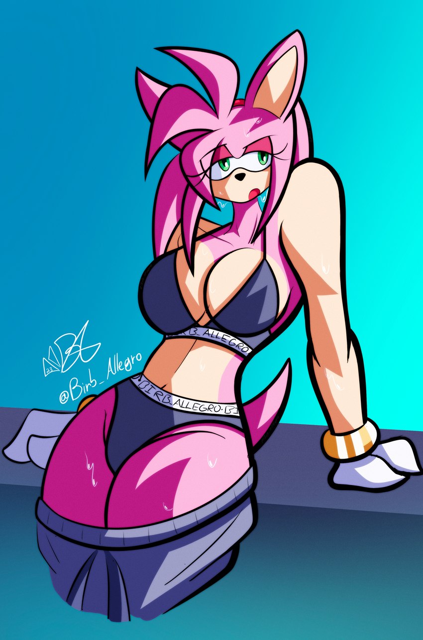 anthro bodily_fluids bottomwear bottomwear_down bra bracelet breasts cleavage clothed clothing female jewelry pants pants_around_thighs pants_down partially_clothed simple_background solo sweat sweats sweaty_breasts sweaty_legs sweaty_thighs thick_thighs thighs_together underwear birb_allegro sega sonic_the_hedgehog_(series) amy_rose eulipotyphlan hedgehog mammal absurd_res hi_res signature