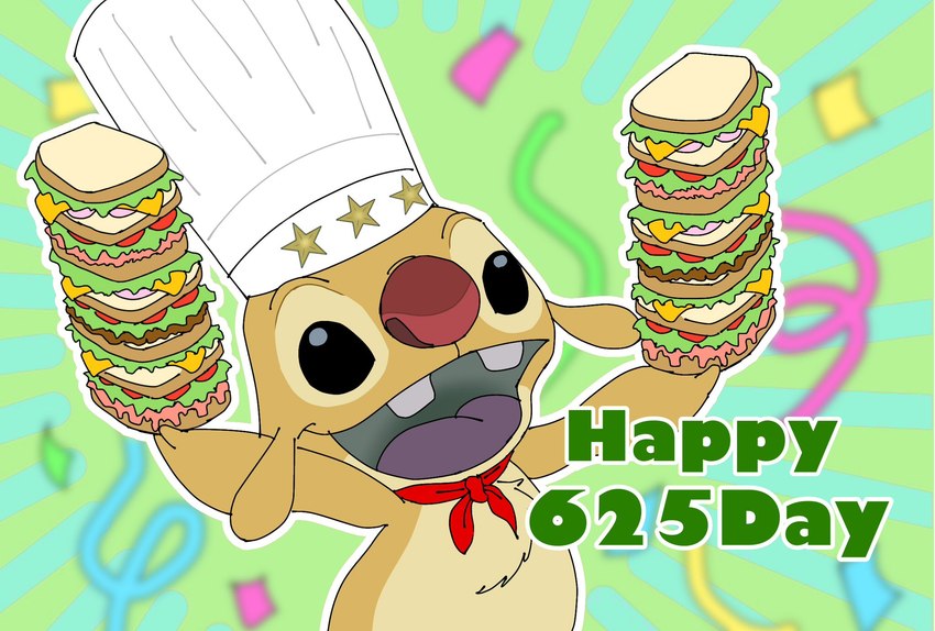 anthro black_eyes buckteeth chef_hat chest_tuft clothing confetti confetti_streamer cravat dagwood_sandwich food fur green_background green_mouth hat headgear headwear holding_food holding_object holding_sandwich looking_at_viewer male outline purple_tongue red_nose sandwich_(food) simple_background solo star teeth text tongue tuft yellow_body yellow_fur mayoooon_626 disney lilo_and_stitch reuben_(lilo_and_stitch) alien experiment_(lilo_and_stitch) 2024 digital_drawing_(artwork) digital_media_(artwork) english_text hi_res