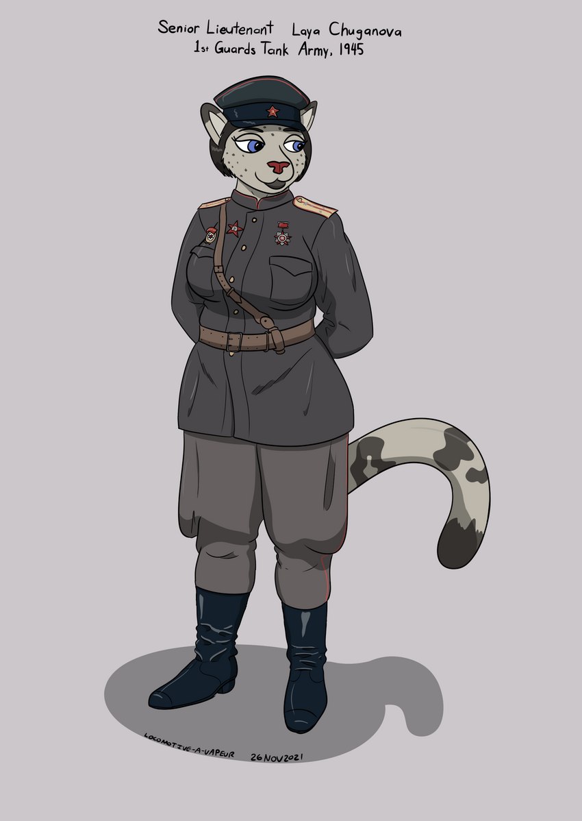 anthro belt big_breasts blue_eyes boots breasts clothing female footwear fur grey_body grey_clothing grey_fur hat headgear headwear medal military_uniform peaked_cap russian shoes slightly_chubby solo soviet_union text uniform panzerschreckleopard laya_chuganova felid mammal pantherine snow_leopard 2021 absurd_res english_text hi_res