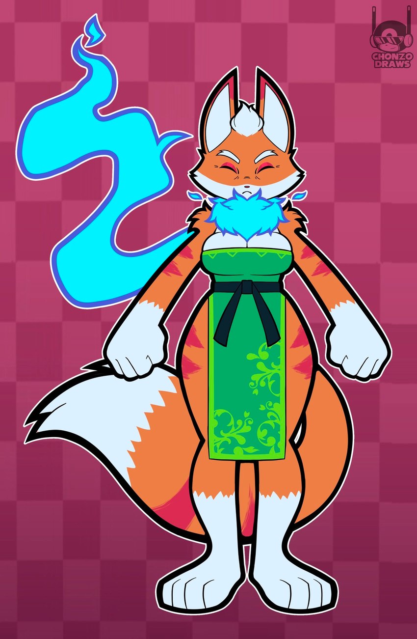 alternate_form anthro arm_tuft asian_clothing barefoot belt big_tail black_belt black_nose black_sash breasts checkered checkered_background chinese_clothing chinese_dress cleavage clothed clothing dress east_asian_clothing exposed_thighs eyes_closed eyeshadow feet female fire fox_tail fur gloves_(marking) green_clothing green_dress head_tuft leg_markings makeup mane markings maroon_background mature_female multicolored_body orange_body orange_fur pattern_background red_background red_body red_fur sash shoulder_tuft simple_background socks_(marking) superpowers tail thick_thighs tuft white_body white_fur chonzo vulpei_zorra canid canine fox mammal true_fox hi_res watermark