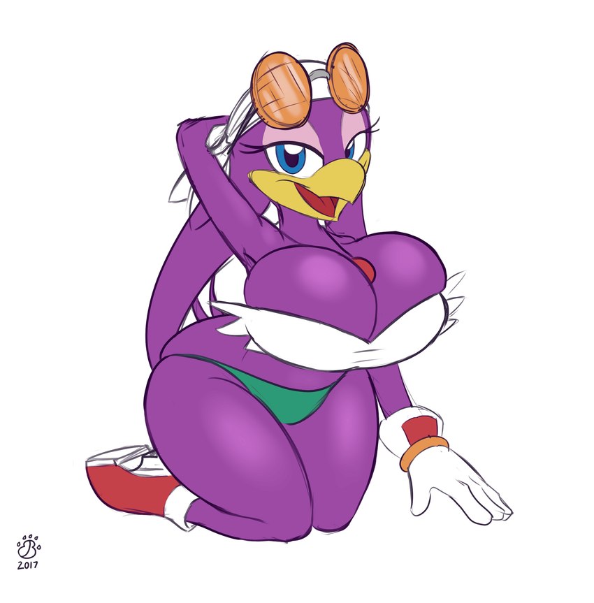 big_breasts blue_eyes bottomless breasts cleavage clothed clothing eyewear female footwear glasses gloves hand_behind_head handwear huge_breasts jewelry kerchief looking_at_viewer necklace open_mouth panties purple_body shoes smile solo tail topwear tube_top underwear badgerben third-party_edit sega sonic_riders sonic_the_hedgehog_(series) wave_the_swallow avian bird absurd_res hi_res