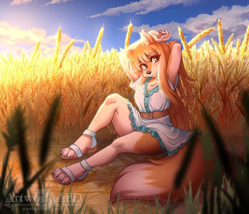 anthro black_nose blonde_hair clothed clothing dipstick_tail dress female field footwear fur hair hand_above_head markings outside red_nose shoes solo tail tail_markings wheat_field yellow_body yellow_fur abluedeer spice_and_wolf holo_(spice_and_wolf) canid canine canis mammal wolf