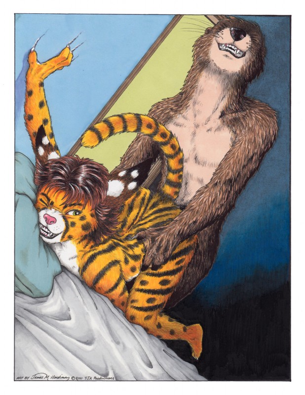 all_fours anthro ass_up bed bed_sheet bedding belly black_nose brown_body brown_fur brown_hair clawing_wall claws duo eyes_closed feet female fur furniture green_eyes hair looking_back looking_pleasured male male/female markings mature_anthro mature_female membrane_(anatomy) nude one_eye_closed open_mouth pillow pink_nose sex tail toes webbed_hands whiskers white_belly white_body white_fur yellow_body yellow_fur james_m_hardiman cats_n'_cameras anthony_(cnc) manila_doyle felid feline mammal mustelid otter serval 2011 hi_res traditional_media_(artwork)